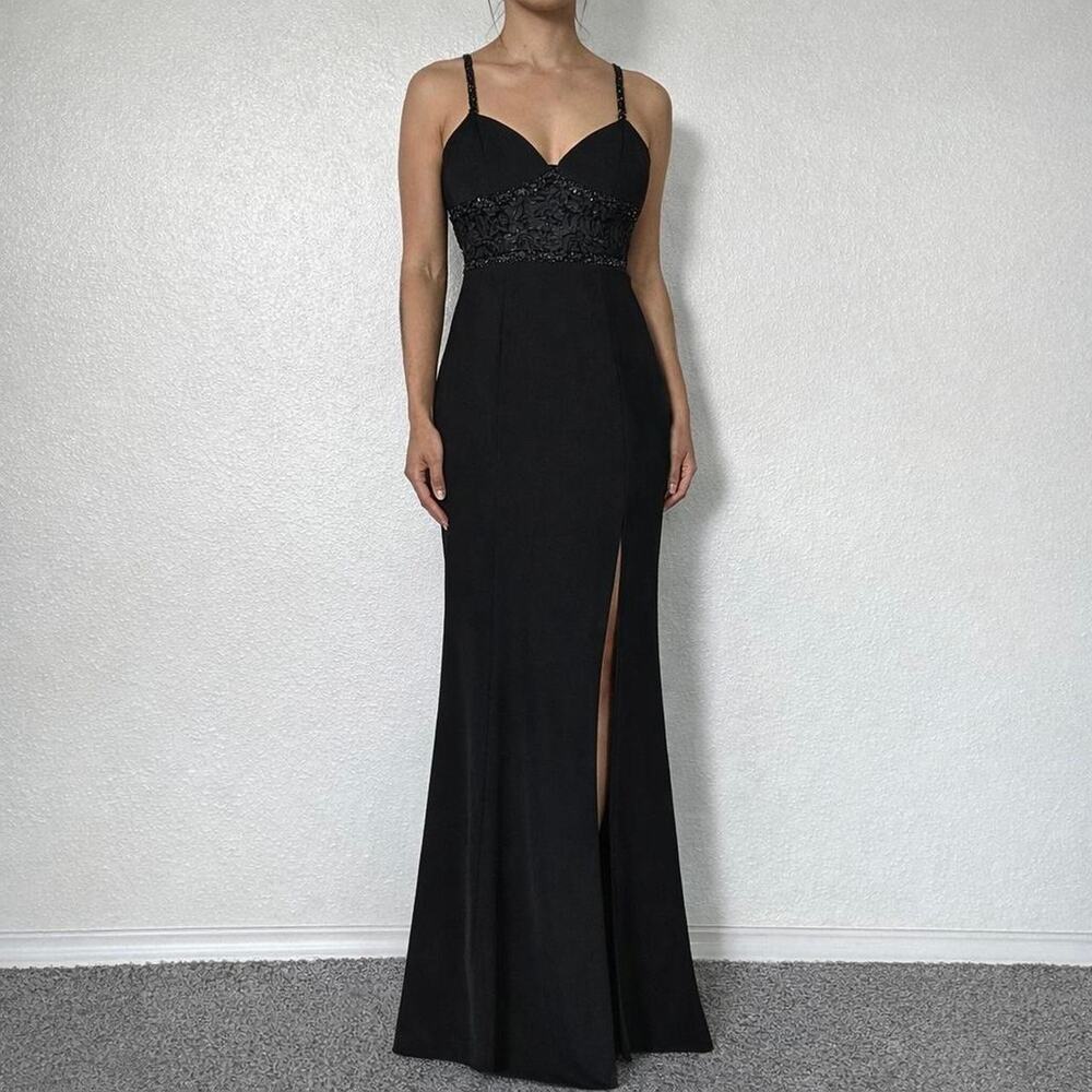 Vintage 1980s Black Niteline Della Roufogali Beaded Maxi Evening Gown Size 8